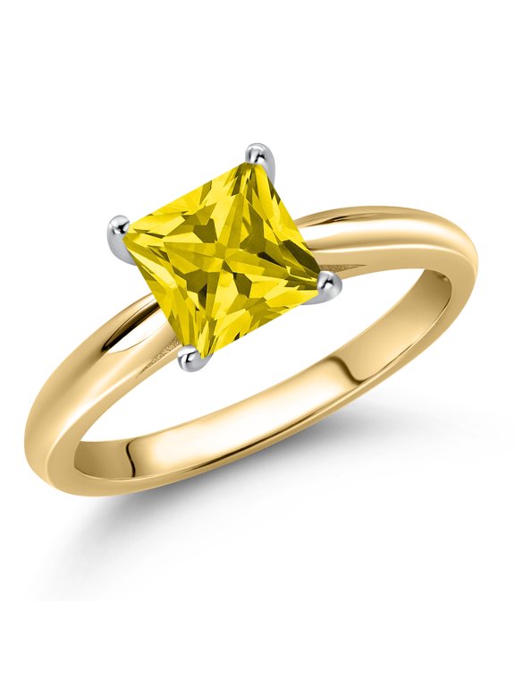 10K Two Tone Gold Yellow Zirconia Solitaire Engagement Ring for Women | 1.25 Cttw | Princess 6MM | Gemstone Birthstone | Size 9