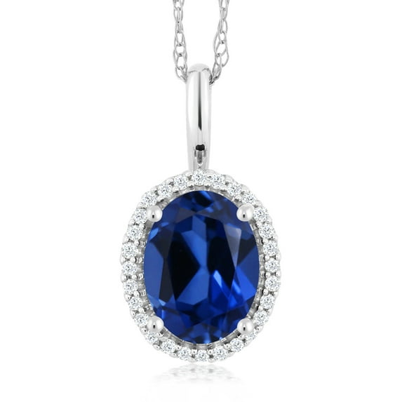 Gem Stone King 10K White Gold 1.60 Ct Oval Created Sapphire and Diamonds Pendant With Chain