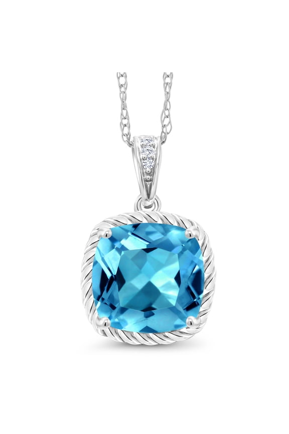 10K White Gold 2.76 Ct Cushion Swiss Blue Topaz Diamond Pendant 18 inch Chain