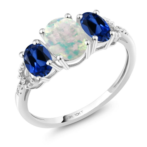 Gem Stone King 10K White Gold 3-Stone Diamond Engagement Ring 2.22Ct Cabochon White Simulated Opal Blue Created Sapphire (Size 9)