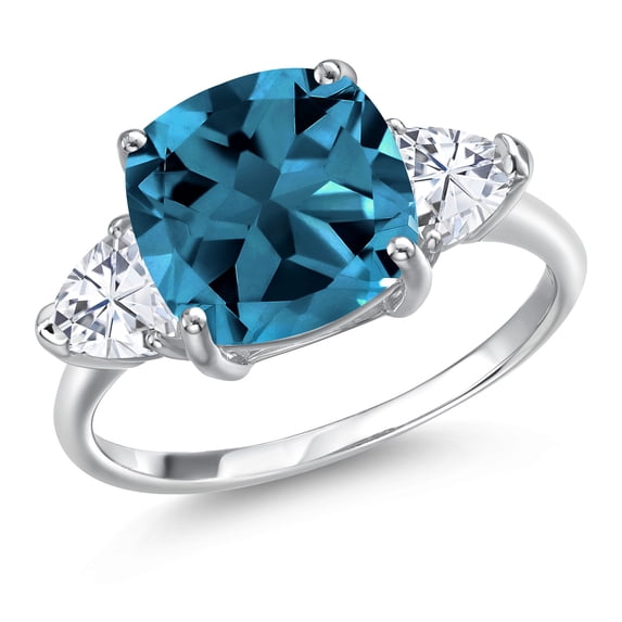 Gem Stone King 10K White Gold 3-Stone Ring Cushion London Blue Topaz and Moissanite (6.14 Cttw, Size 7)