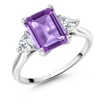 Gem Stone King 10K White Gold 3-Stone Ring Emerald Cut Amethyst Moissanite (2.96 Cttw)