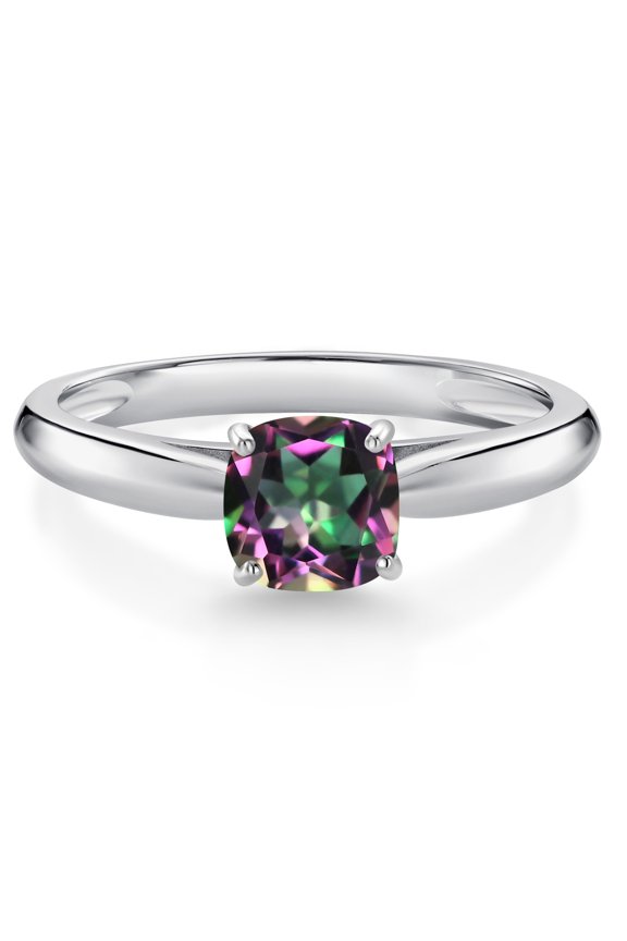 10K White Gold 5MM Cushion Cut Green Mystic Topaz Solitaire Engagement Ring for Women (1.00 Cttw, Gemstone, Available in Size 5, 6, 7, 8, 9)