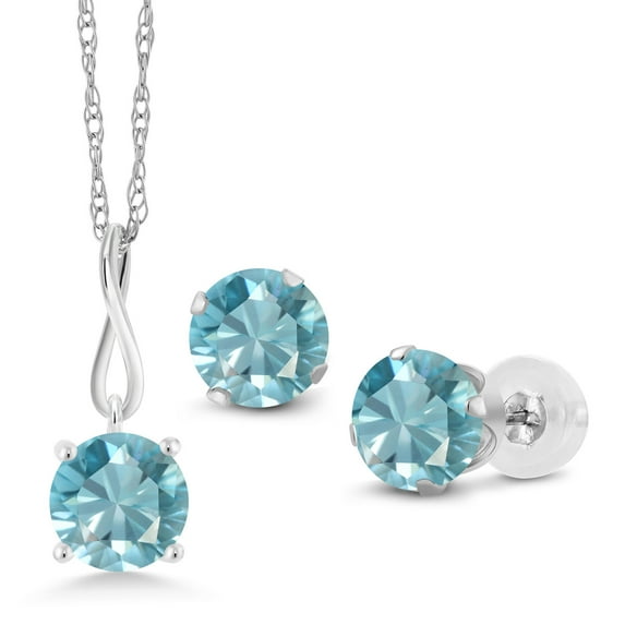 Gem Stone King 10K White Gold 6MM Round Blue Zircon Pendant Earrings Set for Women (3.60 Cttw, With 18 inch Chain)