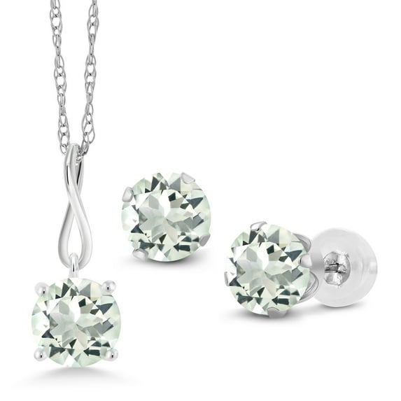 Gem Stone King 10K White Gold 6MM Round Green Prasiolite Pendant Earrings Set for Women (2.40 Cttw, With 18 inch Chain)
