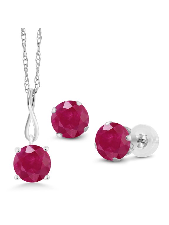 10K White Gold 6MM Round Red Ruby Pendant Earrings Set for Women (3.00 Cttw, With 18 inch Chain)