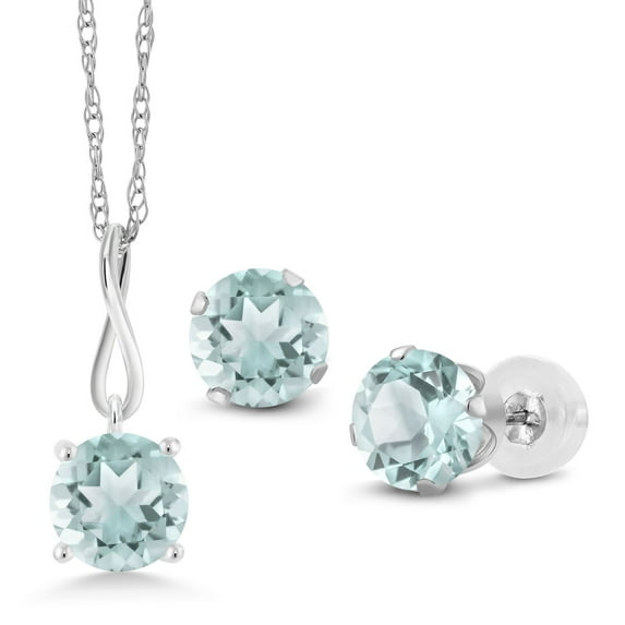 Gem Stone King 10K White Gold 6MM Round Sky Blue Topaz Pendant Earrings Set for Women (3.00 Cttw, With 18 inch Chain)