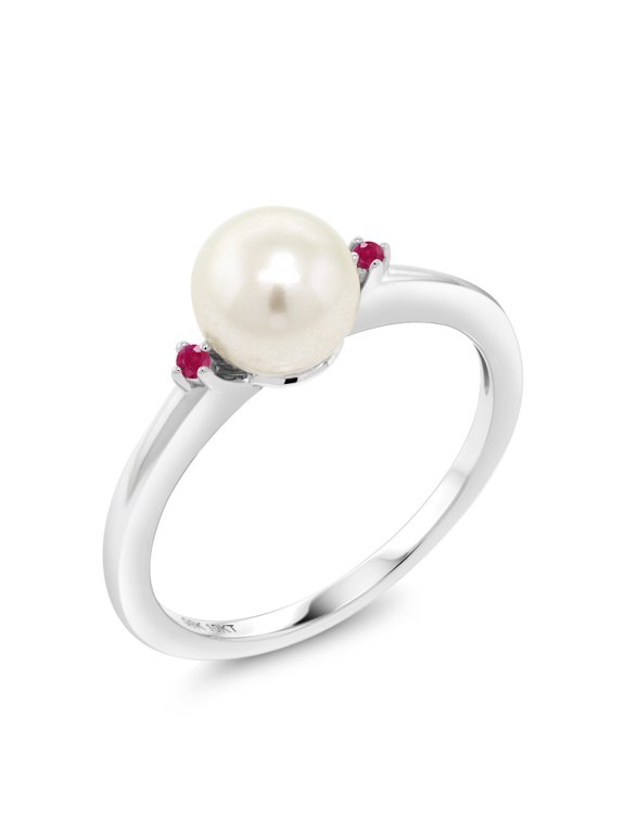 10K White Gold 7mm Cultured Freshwater Pearl Women Engagement Ring with Red Ruby (Size 9)