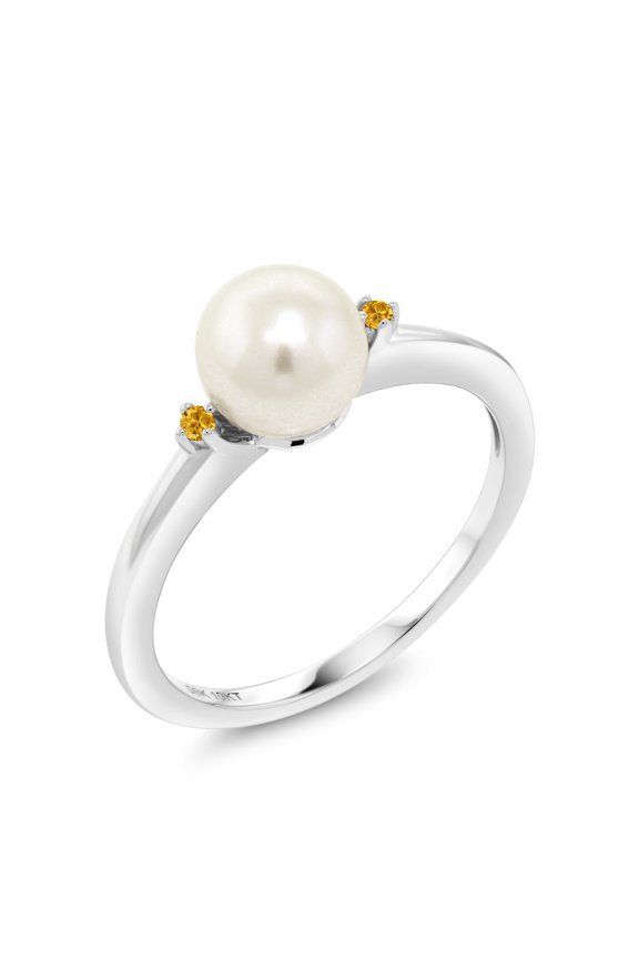 10K White Gold 7mm Cultured Freshwater Pearl Women Engagement Ring with Yellow Created Sapphire (Size 9)