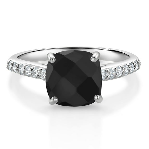Gem Stone King 10K White Gold 8MM Cushion Checkerboard Cut Black Onyx and White Lab Grown Diamond Engagement Ring for Women (2.29 Cttw, Gemstone December Birthstone, Available in Size 5, 6, 7, 8, 9)