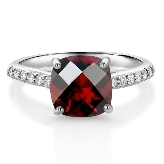 Gem Stone King 10K White Gold 8MM Cushion Checkerboard Cut Red Garnet and White Lab Grown Diamond Engagement Ring for Women (2.68 Cttw, Gemstone January Birthstone, Available in Size 5, 6, 7, 8, 9)
