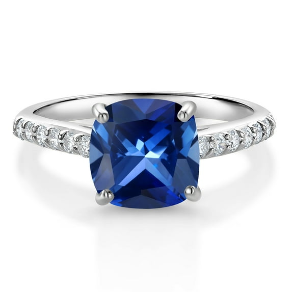 Gem Stone King 10K White Gold 8MM Cushion Cut Blue Created Sapphire and White Lab Grown Diamond Engagement Ring for Women (2.68 Cttw, Gemstone September Birthstone, Available in Size 5, 6, 7, 8, 9)