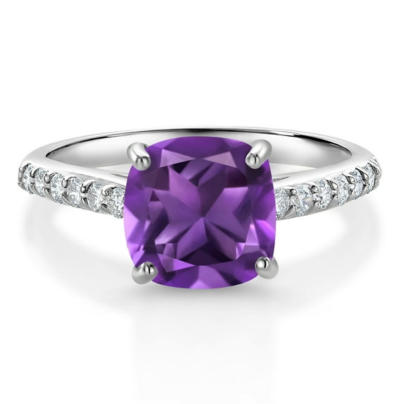 Gem Stone King 10K White Gold 8MM Cushion Cut Purple Amethyst and White Lab Grown Diamond Engagement Ring for Women (2.28 Cttw, Gemstone February Birthstone, Available in Size 5, 6, 7, 8, 9)
