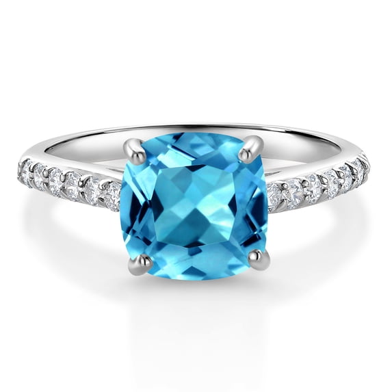Gem Stone King 10K White Gold 8MM Cushion Cut Swiss Blue Topaz and White Lab Grown Diamond Engagement Ring for Women | 2.48 Cttw | Gemstone Birthstone | Available in Size 5, 6, 7, 8, 9