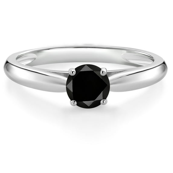 Gem Stone King 10K White Gold Black Diamond Solitaire Engagement Ring for Women (0.55 Cttw, Round 5MM, Available in Size 5, 6, 7, 8, 9)