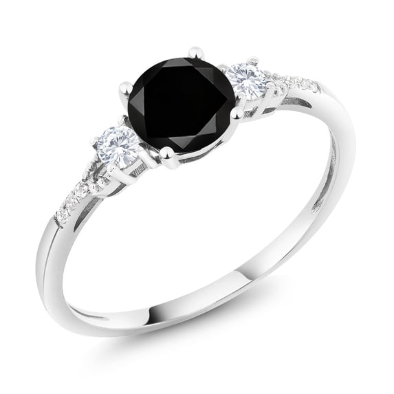 Gem Stone King 10K White Gold Black Diamond White Created Sapphire and White Diamond Accent 3-Stone Engagement Ring for Women (1.20 Cttw, Round 6MM, Gemstone April Birthstone, Size 8.5)