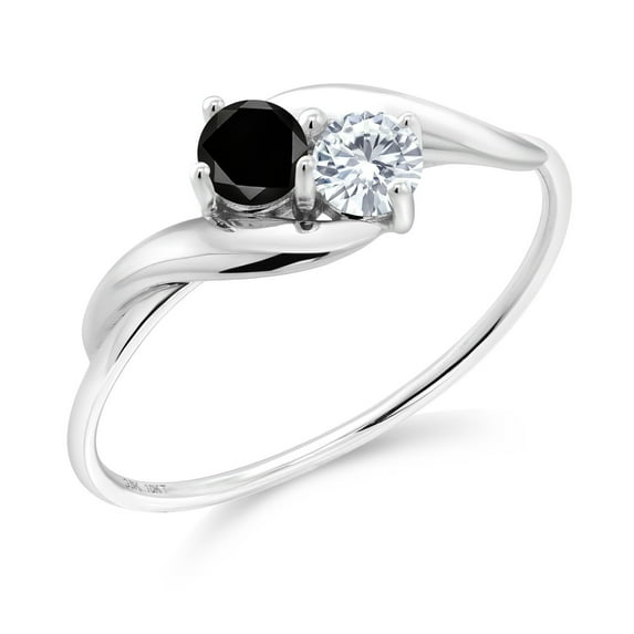 Gem Stone King 10K White Gold Black Diamond and White Moissanite 2-Stone Engagement Ring for Women | 0.33 Cttw | Round 3.5MM | 2 Stone Wedding Engagement Anniversary Promise Ring for Women