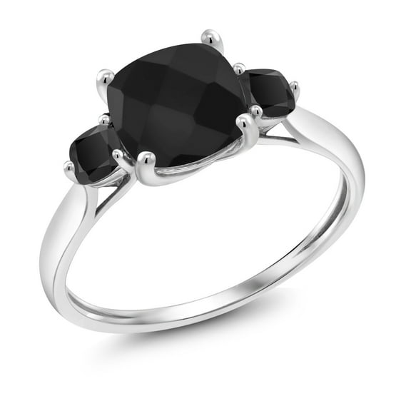 Gem Stone King 10K White Gold Black Onyx 3-Stone Engagement Ring | 1.73 Cttw | Cushion 7MM and 3MM | Three Stone Wedding Anniversary Promise Ring for Women (Size 5)