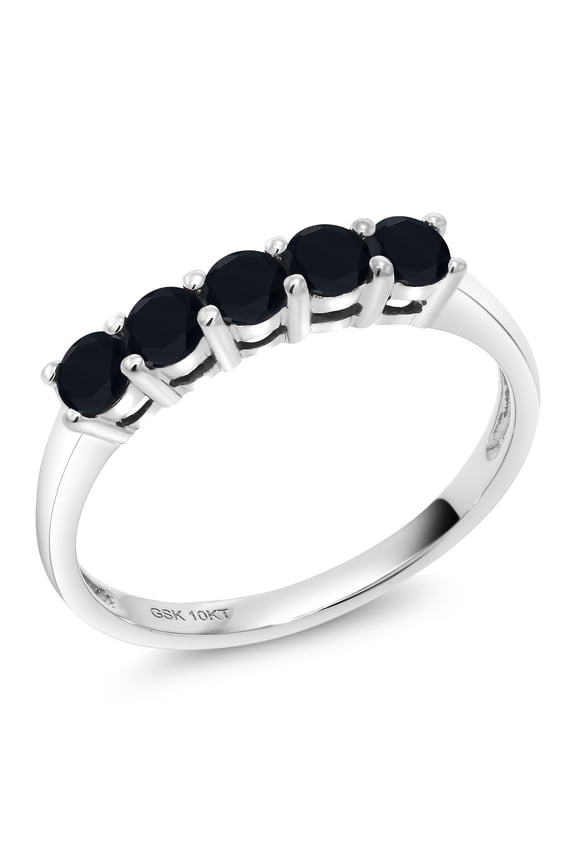 10K White Gold Black Onyx 5 Stone Wedding Engagement Anniversary Promise Ring for Women (0.50 Cttw, Round 3MM, Gemstone December Birthstone, Available in Size 5, 6, 7, 8, 9)