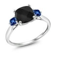 thumbnail image 1 of Gem Stone King 10K White Gold Black Onyx and Blue Created Sapphire 3 Stone Engagement Ring for Women (1.73 Cttw, Cushion Checkerboard 7MM, Gemstone December Birthstone, Size 7), 1 of 5