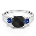 thumbnail image 1 of Gem Stone King 10K White Gold Black Onyx and Blue Created Sapphire 3 Stone Engagement Ring for Women (1.73 Cttw, Cushion Checkerboard 7MM, Gemstone December Birthstone, Size 6.5), 1 of 6