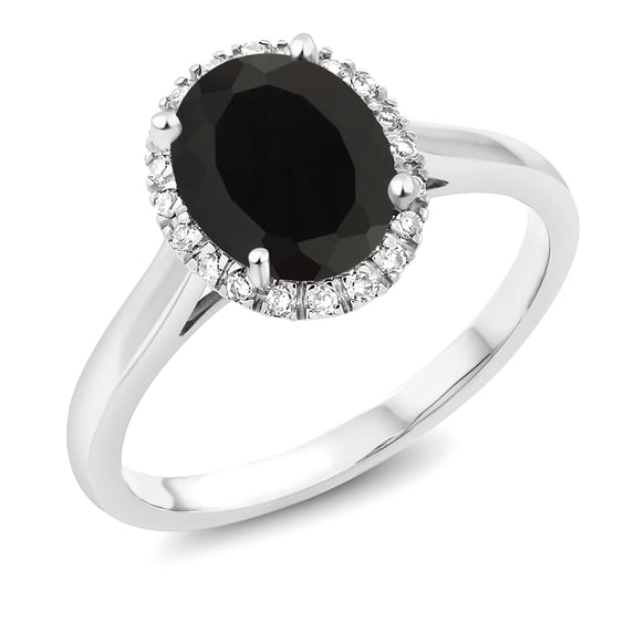Gem Stone King 10K White Gold Black Onyx and Diamond Halo Engagement Ring | 2.14 Cttw | Oval 9X7MM | Gemstone Birthstone | Wedding Anniversary Promise Ring for Women (Size 6.5)