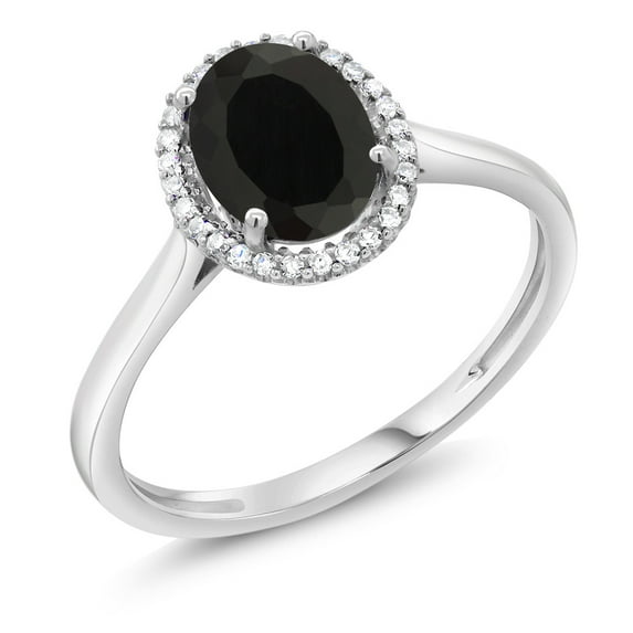 Gem Stone King 10K White Gold Black Onyx and Diamond Women Halo Engagement Ring (1.25 Cttw, Oval 8X6MM, Gemstone Birthstone) | Size 9