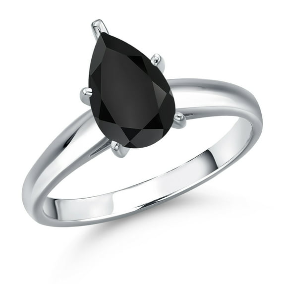 Gem Stone King 10K White Gold Black Onyx Engagement Ring for Women | 0.85 Cttw | Pear Shape 8X5MM | Gemstone December Birthstone | Size 6