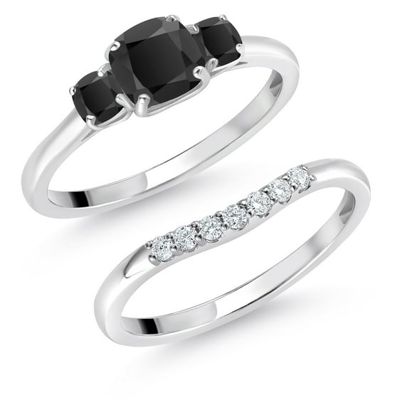 Gem Stone King 10K White Gold Black Onyx and Lab Grown Diamond 3 Stone Bridal Engagement Wedding Ring Set for Women 0.87 Cttw, 5MM and 3MM Cushion Cut (Size 7)