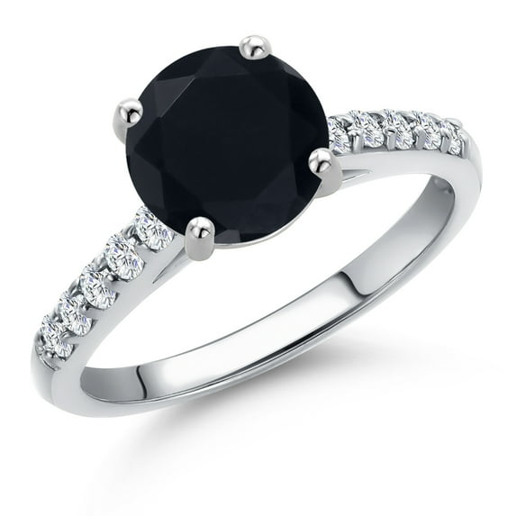 Gem Stone King 10K White Gold Black Onyx and Lab Grown Diamond Engagement Ring for Women | 1.85 Cttw | Round 8MM | Gemstone December Birthstone | Size 7