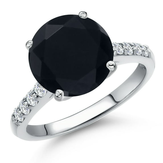 Gem Stone King 10K White Gold Black Onyx and Lab Grown Diamond Engagement Ring for Women | 3.20 Cttw | Round 10MM | Gemstone December Birthstone | Size 7