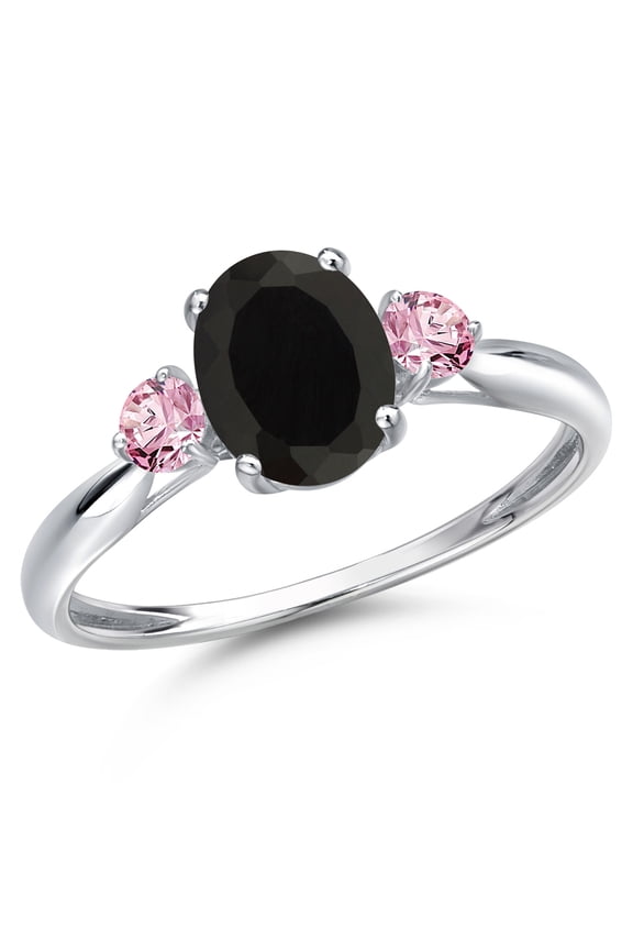10K White Gold Black Onyx and Pink Lab Grown Diamond 3-Stone Ring for Women | 1.86 Cttw | Oval 8X6MM | Gemstone December Birthstone | Size 5