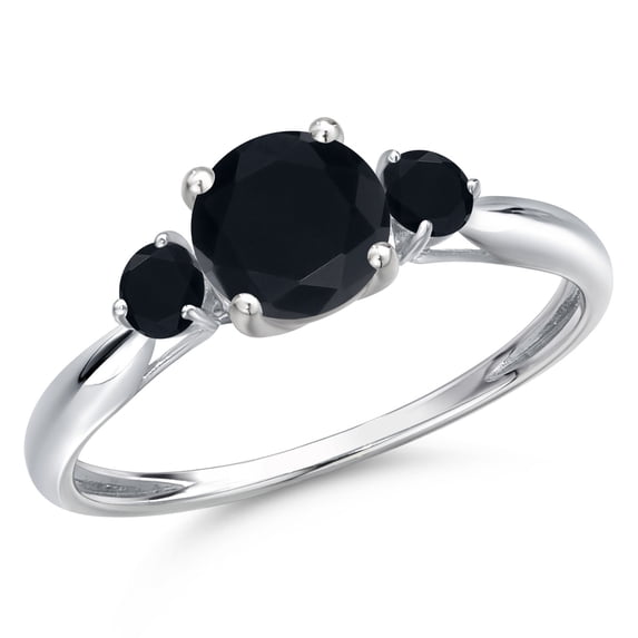 Gem Stone King 10K White Gold Black Onyx 3-Stone Ring for Women | 1.00 Cttw | Round 6MM | Gemstone December Birthstone | Size 9