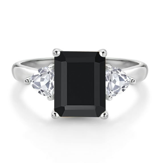 Gem Stone King 10K White Gold Black Onyx and White Created Sapphire 3-Stone Engagement Ring | 2.74 Cttw | Emerald Cut 9X7MM | Three Stone Wedding Anniversary Promise Ring for Women