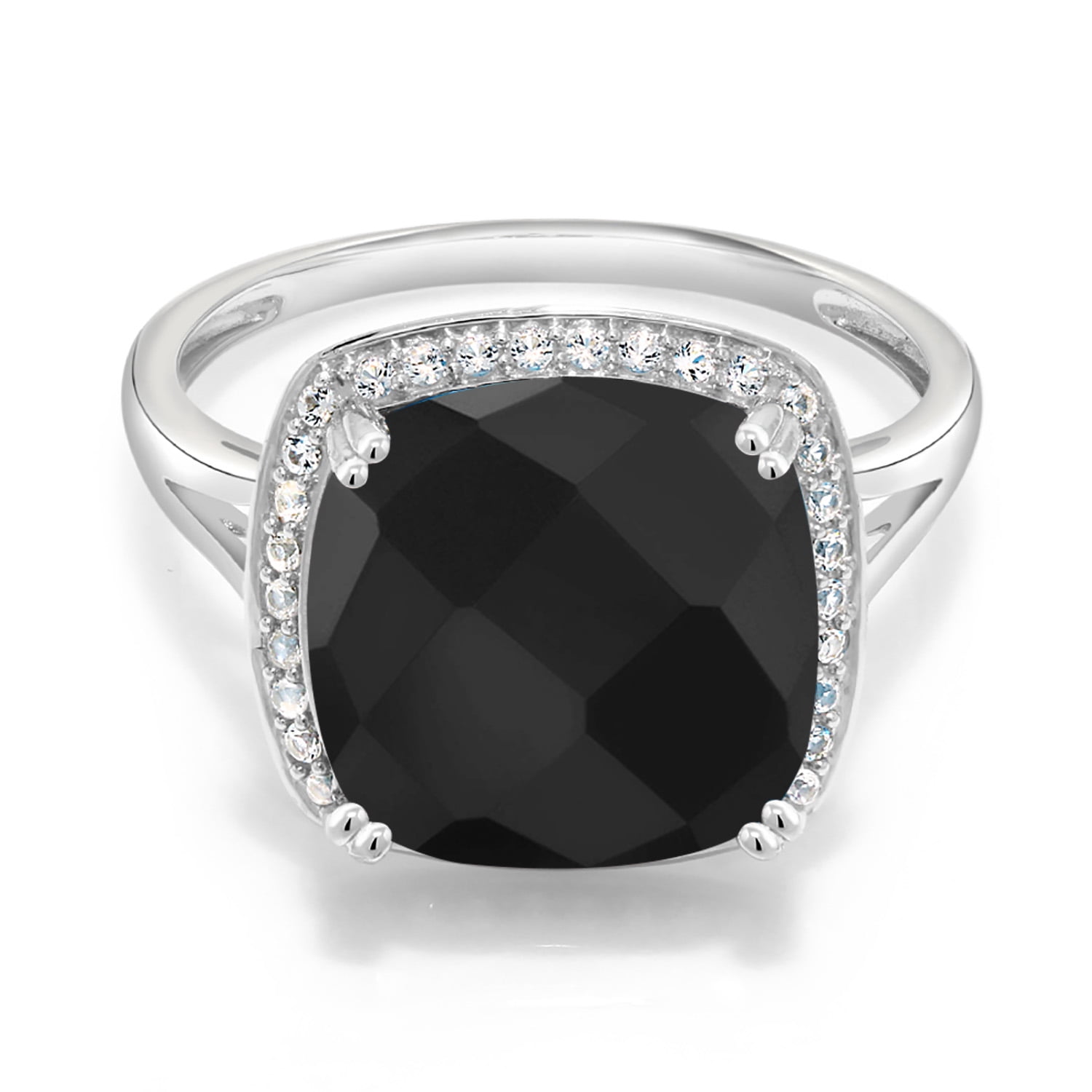 Gem Stone King Sterling Silver Ring - Black Onyx & White Created Sapphire Cushion Checkerboard (8.27 Cttw)