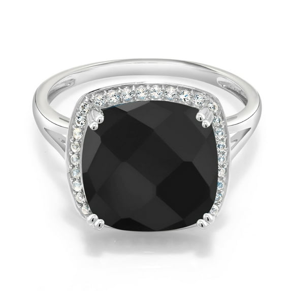 Gem Stone King 10K White Gold Black Onyx and White Created Sapphire Halo Engagement Ring for Women (5.77 Cttw, Cushion Checkerboard 12MM, Gemstone December Birthstone, Size 5 to 9)