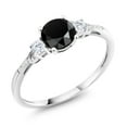 thumbnail image 1 of Gem Stone King 10K White Gold Black Onyx White Created Sapphire and White Diamond Accent 3-Stone Engagement Ring for Women (0.94 Cttw, Round 6MM, Gemstone December Birthstone, Size 8), 1 of 5