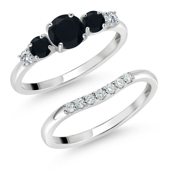 Gem Stone King 10K White Gold Black Onyx and White Lab Grown Diamond 5 Stone Bridal Engagement Wedding Ring Set for Women (0.78 Cttw, Round: 5MM and 3MM, Size 6)