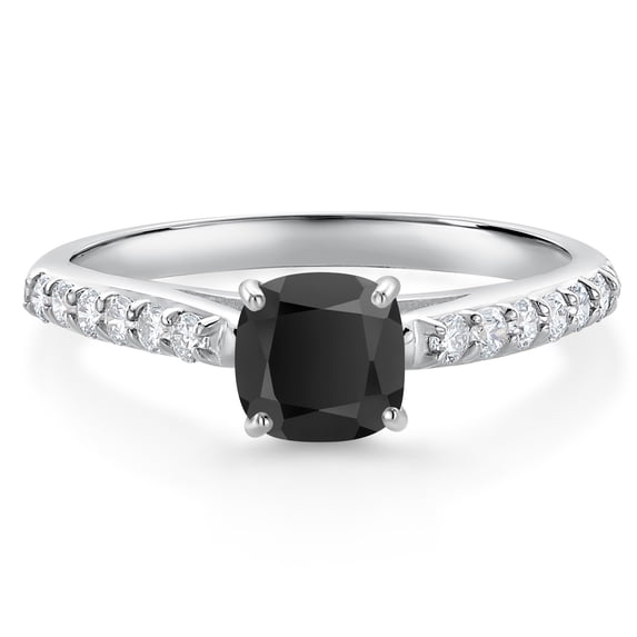 Gem Stone King 10K White Gold Black Onyx and White Lab Grown Diamond Engagement Ring for Women (0.71 Cttw, Cushion 5MM, Gemstone December Birthstone, Available in Size 5, 6, 7, 8, 9)