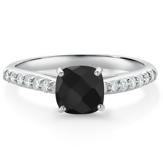 Gem Stone King 10K White Gold Black Onyx and White Lab Grown Diamond Engagement Ring for Women (1.10 Cttw, Gemstone December Birthstone, Cushion Checkerboard 6MM, Size 8)