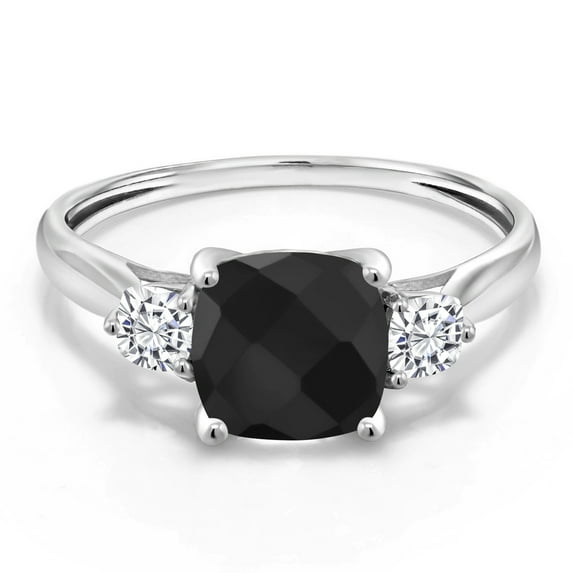 Gem Stone King 10K White Gold Black Onyx and White Moissanite 3-Stone Engagement Ring for Women | 1.73 Cttw | Cushion 7MM | Wedding Engagement Anniversary Promise Ring for Women | Size 9.5