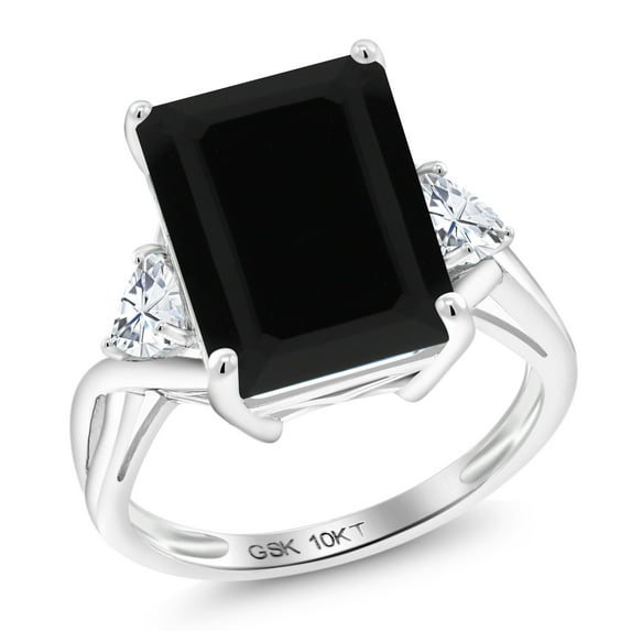 Gem Stone King 10K White Gold Black Onyx and White Moissanite 3 Stone Engagement Ring for Women | 7.06 Cttw | Emerald Cut 14X10MM | Trillion 4MM | Three Stone Wedding Anniversary Ring | Size 6