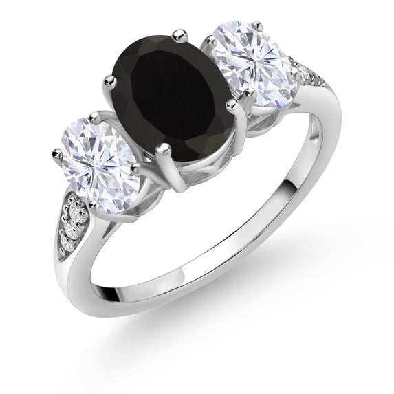 Gem Stone King 10K White Gold Black Onyx White Moissanite and White Lab Grown Diamond 3 Stone Engagement Ring for Women (2.64 Cttw, Gemstone Birthstone, Available in Size 5, 6, 7, 8, 9)