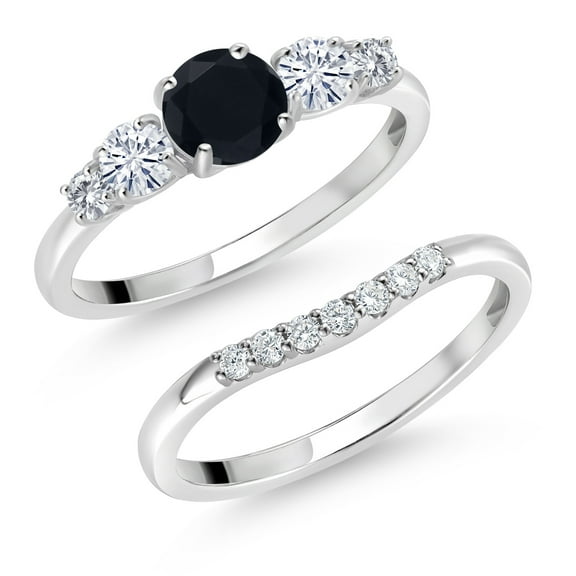 Gem Stone King 10K White Gold Black Onyx White Moissanite and White Lab Grown Diamond 5 Stone Bridal Engagement Wedding Ring Set for Women (0.78 Cttw, Round: 5MM and 3MM, Size 5)