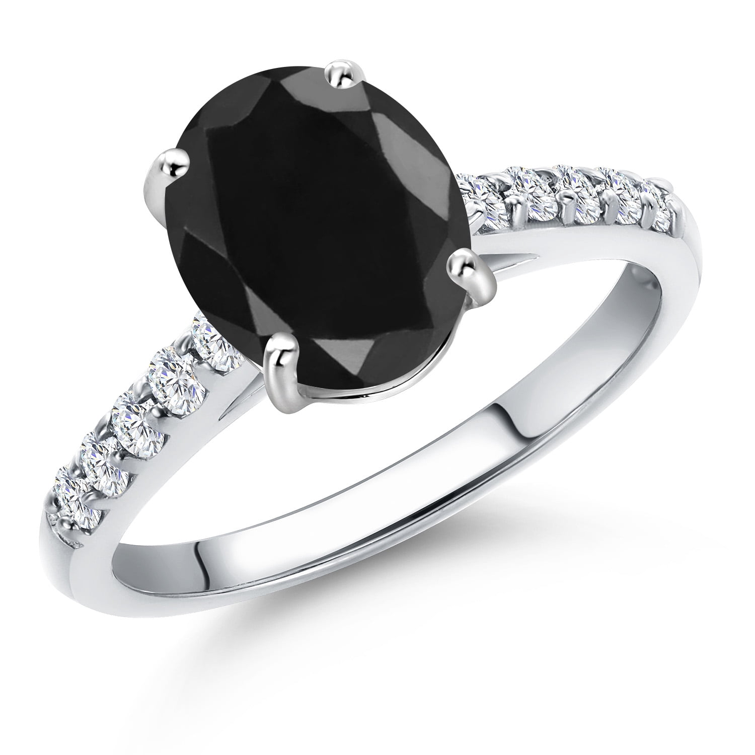 Gem Stone King 10K White Gold Black Sapphire and Lab Grown Diamond Engagement Ring for Women | 2.70 Cttw | Oval 9X7MM | Gemstone September Birthstone | Size 6