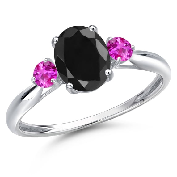 Gem Stone King 10K White Gold Black Sapphire and Pink Sapphire 3-Stone Ring for Women | 1.93 Cttw | Oval 8X6MM | Gemstone September Birthstone | Size 5