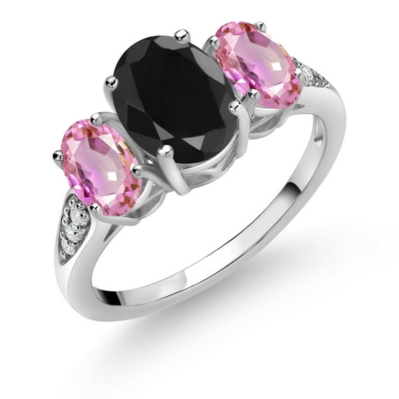 Gem Stone King 10K White Gold Black Sapphire Pink Sapphire and White Lab Grown Diamond 3 Stone Engagement Ring for Women (2.90 Cttw, Gemstone Birthstone, Size 7)