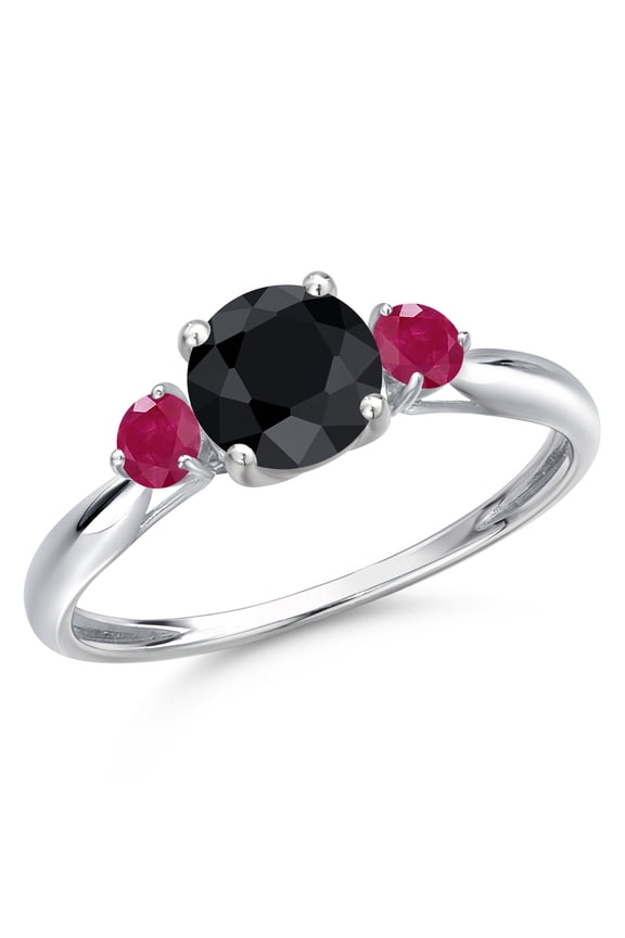 10K White Gold Black Sapphire and Red Ruby 3-Stone Ring for Women | 1.46 Cttw | Round 6MM | Gemstone September Birthstone | Size 7