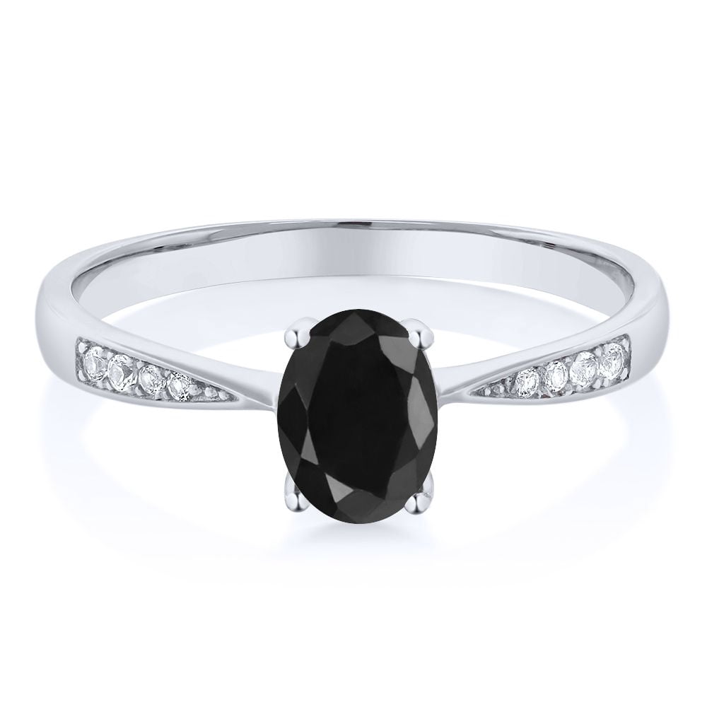 Gem Stone King 10K White Gold Black Sapphire and White Diamond Engagement Ring for Women (1.13 Cttw, Gemstone September Birthstone, Oval 7X5MM, Available in Size 5, 6, 7, 8, 9)