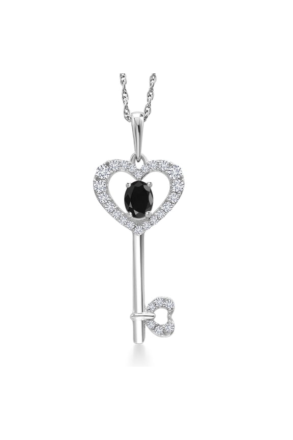 10K White Gold Black Sapphire and White Lab Grown Diamond Heart Shape Key Pendant Necklace for Women (0.36 Cttw, Gemstone September Birthstone, with 18 inch Chain)